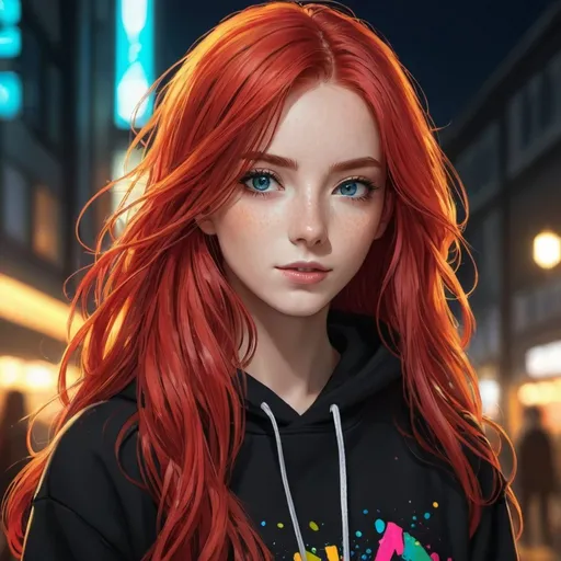 Prompt: 4k, anime woman, long redheads vibrant hair, black sweatshirt, lanyard, ultra-detailed, detailed eyes, anime, vibrant colours