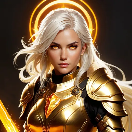 Prompt: datailed character art The Paladin, with platinum hair, amber eyes, clad in hevy golden armor, with a fiery halo above her head