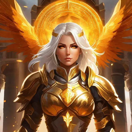 Prompt: datailed character art The Paladin, with platinum hair, amber eyes, clad in hevy golden armor, with a fiery halo above her head, praying against the backdrop of a ruined temple.