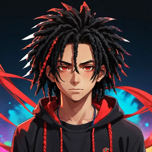 Prompt: Anime boy with vibrant dreads black hair, black sweatshirt, lanyard, highres, detailed red eyes, anime, vibrant colors