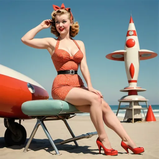 Prompt: atomic age pinup beach