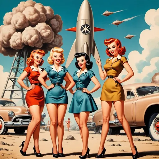 Prompt: betty boops style  cartoon atomic age pinup group of girls with atomic bomb in background 