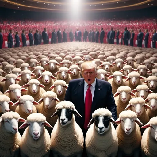 Prompt: (Trump summit surrounded by people that appear as sheep with MAGA hats 2024), vibrant colors, dramatic lighting, high depth cinematic masterpiece, surreal atmosphere, vivid and detailed expressions, large gathering, ultradetailed faces, sharp focus, photorealistic, high definition 4K, expressive political symbolism, dynamic composition, tense and intense ambience, fantasy elements, richly detailed background, grand event setting, strong contrast between light and shadow.