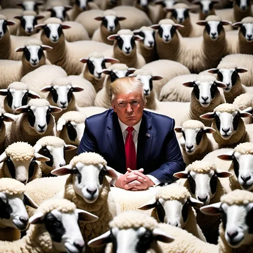 Prompt: trump summit surrounded by sheep with maga hats