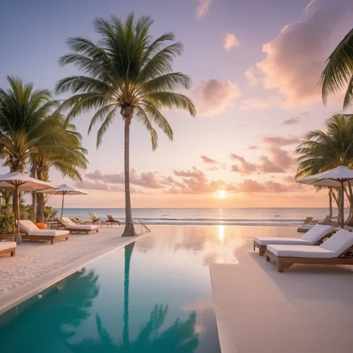 Prompt: A luxurious pool surrounded by elegant outdoor furniture, such as loungers and umbrellas.
The pool water should be crystal clear, reflecting the golden hues of the setting sun.
In the background, a pristine white sandy beach leading to the turquoise ocean.
Gentle ocean waves crashing onto the shore.
The sky should be painted with vibrant hues of orange, pink, and purple as the sun sets.
Palm trees and tropical plants enhancing the tranquil ambiance.
A few beachside cabanas or hammocks adding to the relaxing atmosphere.
