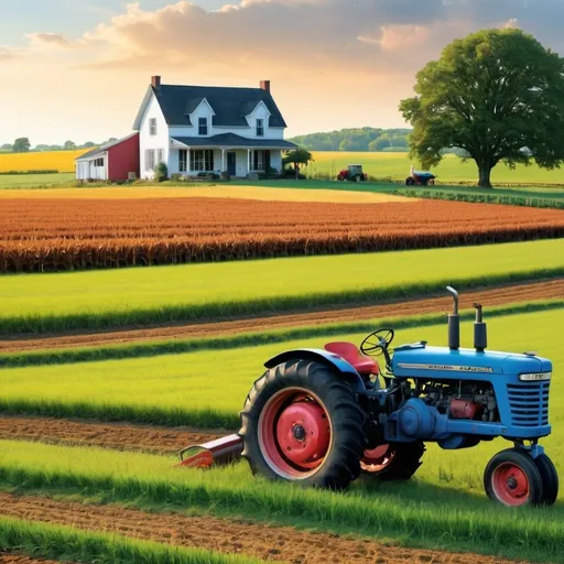 Prompt: tractor jam image on a farm album cover vibrant large field with the house in the background with bourban and a guitar

