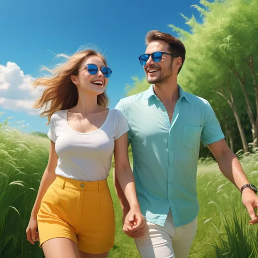 Prompt: man and a woman in sunglasses on a bright beautiful day bare
