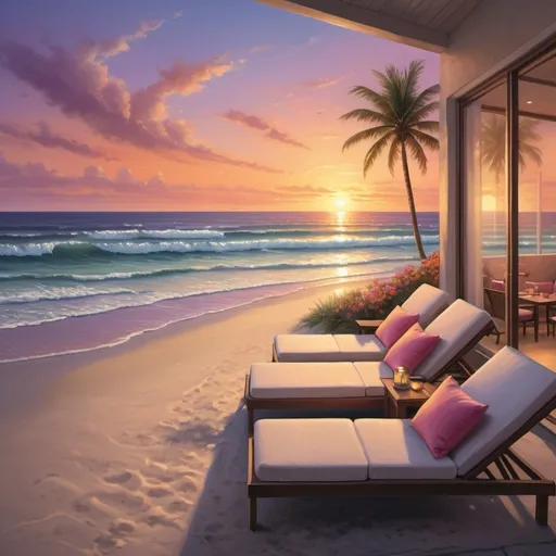 Prompt: A hyper-realistic image of a luxurious hotel patio overlooking a beautiful sunset on the beach. The patio is elegantly furnished with comfortable lounge chairs, small tables, and a couple of beach umbrellas. Steps from the patio lead directly onto the sandy beach. The sky is painted with vibrant hues of orange, pink, and purple as the sun sets over the horizon, casting a golden glow over the ocean waves. Palm trees sway gently in the warm breeze, and there are a few guests enjoying the serene view. The overall scene exudes a peaceful and relaxing vacation atmosphere, with lifelike details and vibrant colors.
