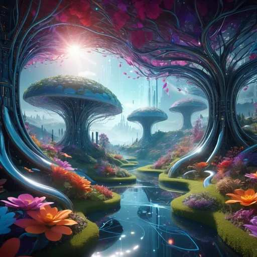 Prompt: (artificial intelligence landscape), a surreal fusion of technology and nature, vibrant colors, harmonious melodies visually interpreted, intricate details like melodic waves and digital flora, futuristic elements intertwined with organic forms, soft lighting casting enchanting shadows, a dreamlike atmosphere, imaginative design, ultra-detailed, 4K resolution, conducive for an immersive experience.