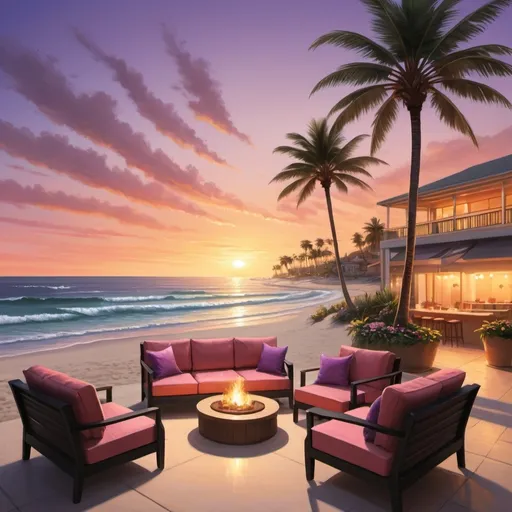 Prompt: A hyper-realistic image of a luxurious hotel patio overlooking a beautiful sunset on the beach. The patio is elegantly furnished with comfortable lounge chairs, small tables, and a couple of beach umbrellas. Steps from the patio lead directly onto the sandy beach. The sky is painted with vibrant hues of orange, pink, and purple as the sun sets over the horizon, casting a golden glow over the ocean waves. Palm trees sway gently in the warm breeze, and there are a few guests enjoying the serene view. The overall scene exudes a peaceful and relaxing vacation atmosphere, with lifelike details and vibrant colors.
