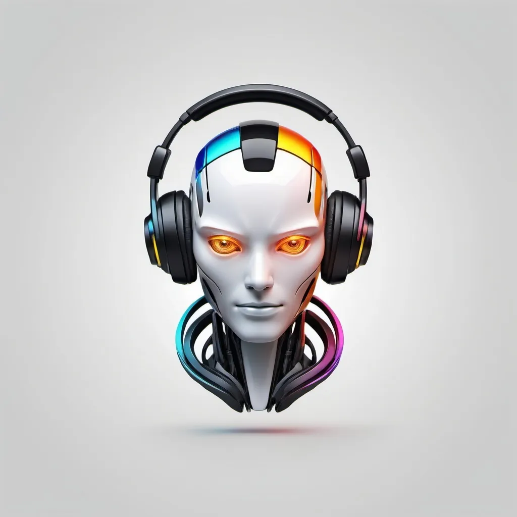 Prompt: Here's the refined logo featuring a sleek, humanoid robot with glowing headphones, playing or tuning a radio. The design is clean and minimalist with subtle, colorful soundwaves and a simple background.