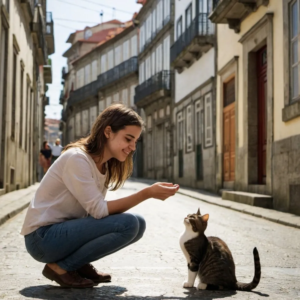 Prompt: A young woman playing with a cat in the middle of a street in Porto, Portugal.