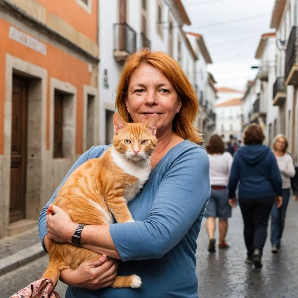 Prompt: A middle aged woman in the middle of a busy street in Portugal holding an orange tabby cat in her arms. 