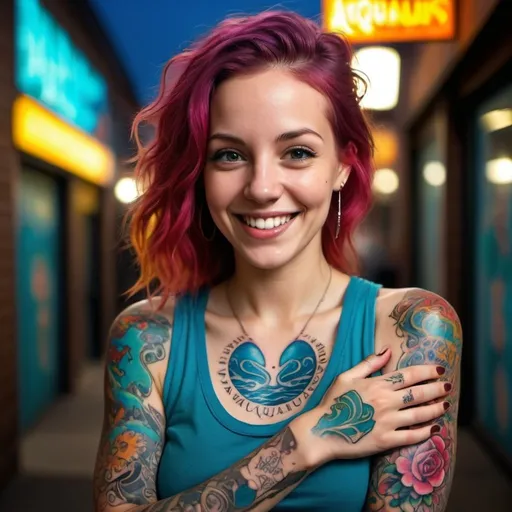 Prompt: Happy woman showing off new Aquarius tattoo, urban setting, vibrant colors, detailed tattoo design, high quality, realistic, modern urban art style, colorful lighting, detailed features, contemporary, joyful expression, best resolution, urban, Aquarius tattoo, wrist, vibrant, modern, detailed, realistic, happy, vibrant colors, contemporary art style, professional, colorful lighting