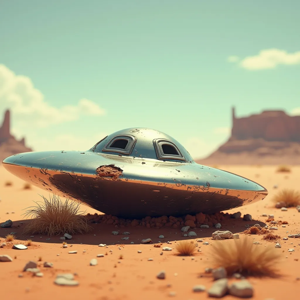 Prompt: in the desert there a slick metallic shiny flying saucer that has crashed into the ground and some major damage and with debris scattered on the ground