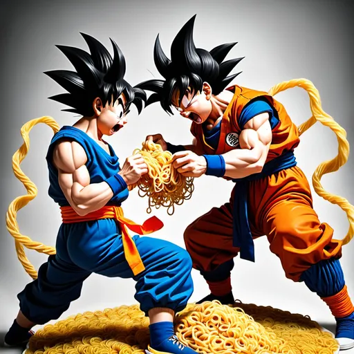 Prompt: goku fighting po whilst eating noodels