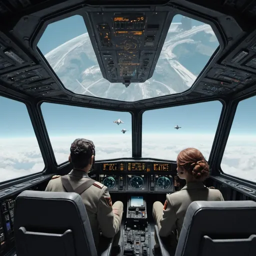 Prompt: In third person, pilot driving in scifi cockpit with two people looking over shoulder
