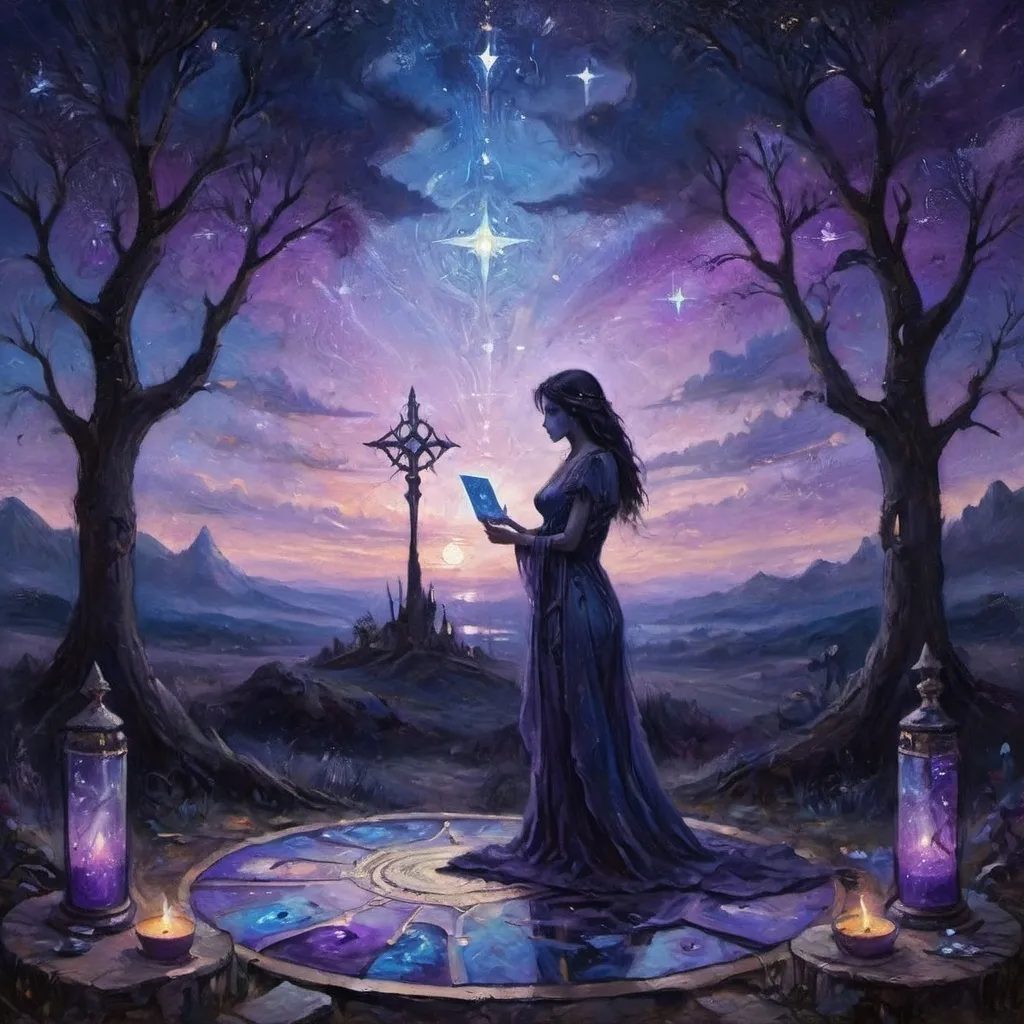 Prompt: (tranquil tarot card illustration), (twilight sky), surreal ambiance, dark silhouettes of demons in the distance, vivid stars emerging, ethereal twilight colors of purple and blue, mystical elements interlacing with the background, a serene foreground, intricate details, mystical and haunting atmosphere, 4K resolution, ultra-detailed artistry, enchanting design.