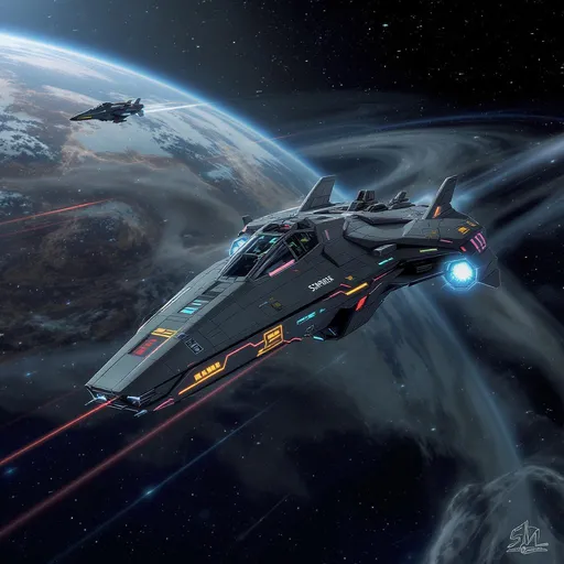 Prompt: Design of a spaceship called Starfighter.
With Rockets, laser beams, stealth systems, shield systems, and the ability to fly in space and jump between solar systems. It can go Mach 10 or 12,348 km\h.