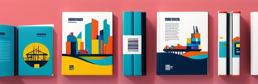 Prompt: photobooks, container logistics, modern buildings, theme park illustrated in graphic design mode with bright colors