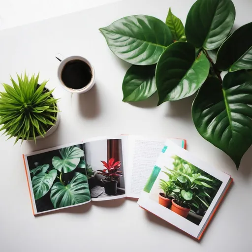 Prompt: photobook and coffee and plants with bright color
