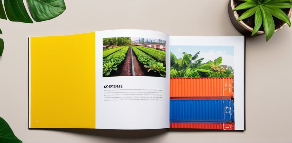 Prompt: photobook with coffee , plants, container logistics, property and travel  in graphic design with bright colours