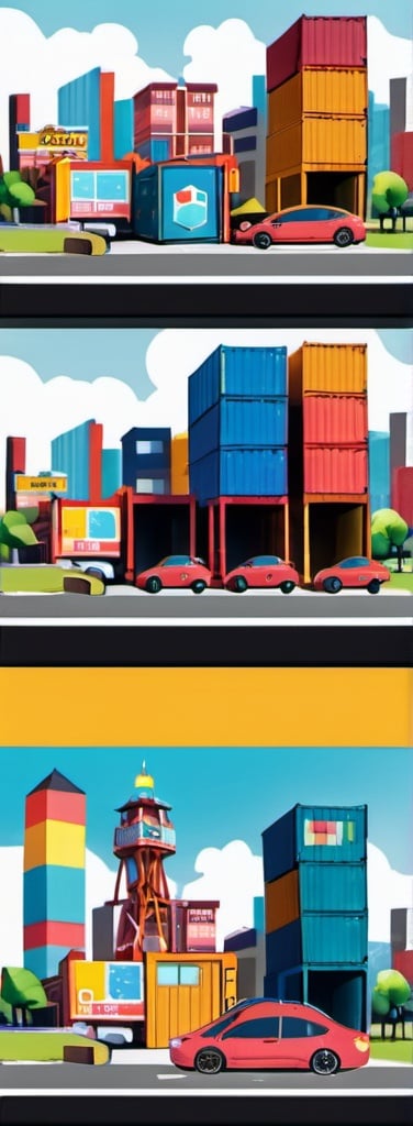 Prompt: a photobook with container logistics surrounded by buildings, township, theme park illustrated in graphic design mode with bright colors