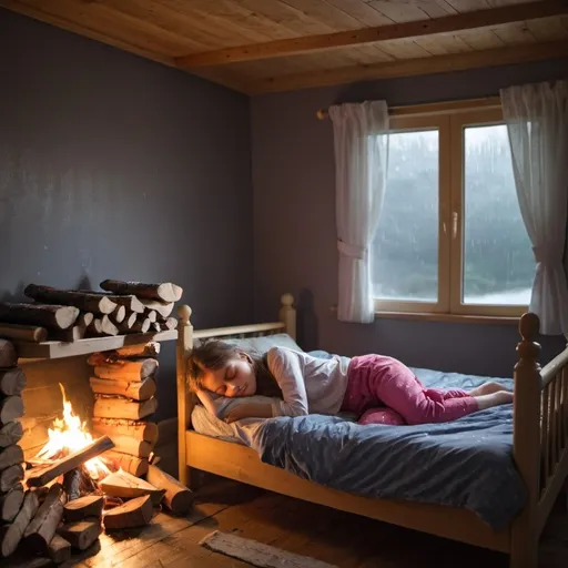 Prompt: Girl sleeping in bedroom with firewood on and rainy whether