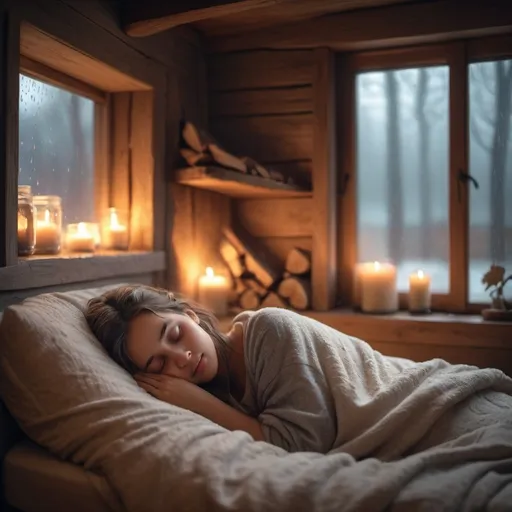 Prompt: Girl sleeping in bedroom with firewood on and rainy whether