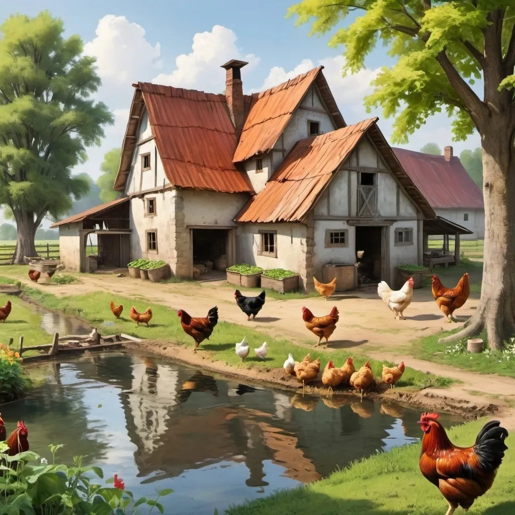 Prompt: A farmhouse with chickens, cows and vegetables and water well by riverside