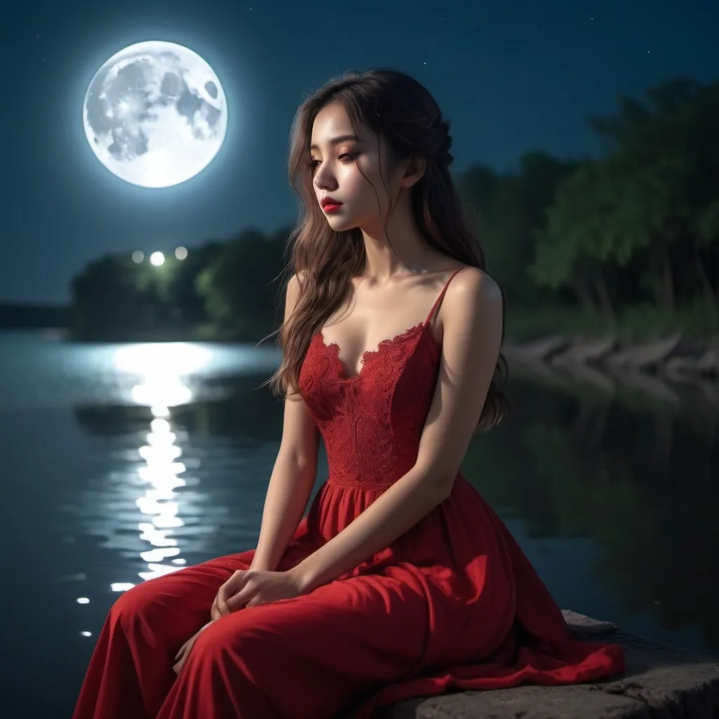 Prompt: A beautiful girl in red dress sitting in dark riverside on a full moon day