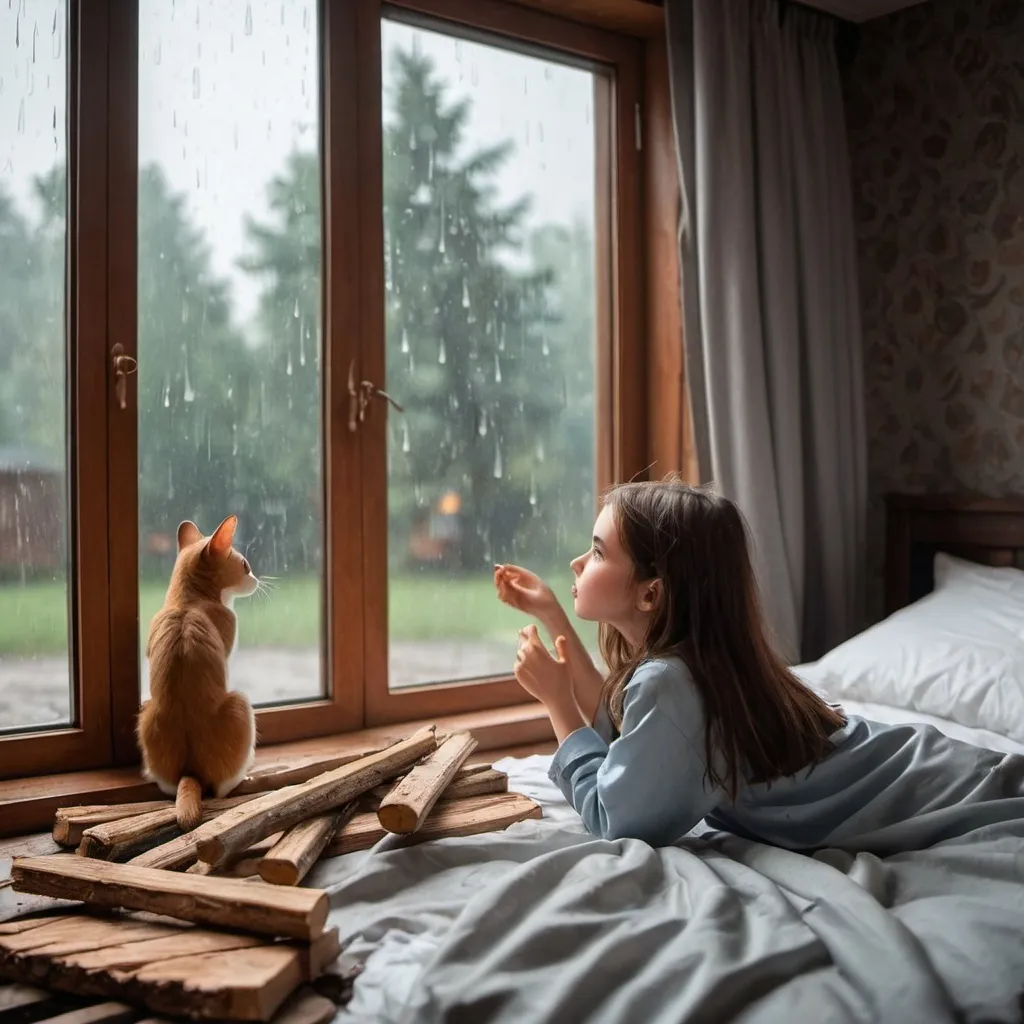 Prompt: Beautiful girl watching tom and jerry on bed with firewood and rainy whether from window