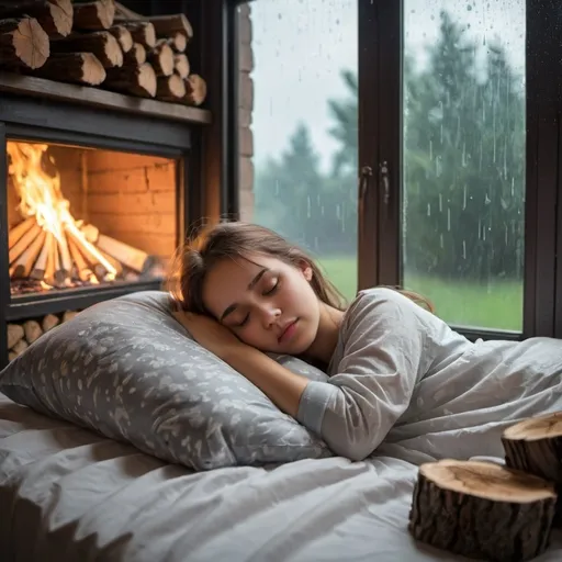 Prompt: Beautiful girl sleeping on bed with firewood and rainy whether from window