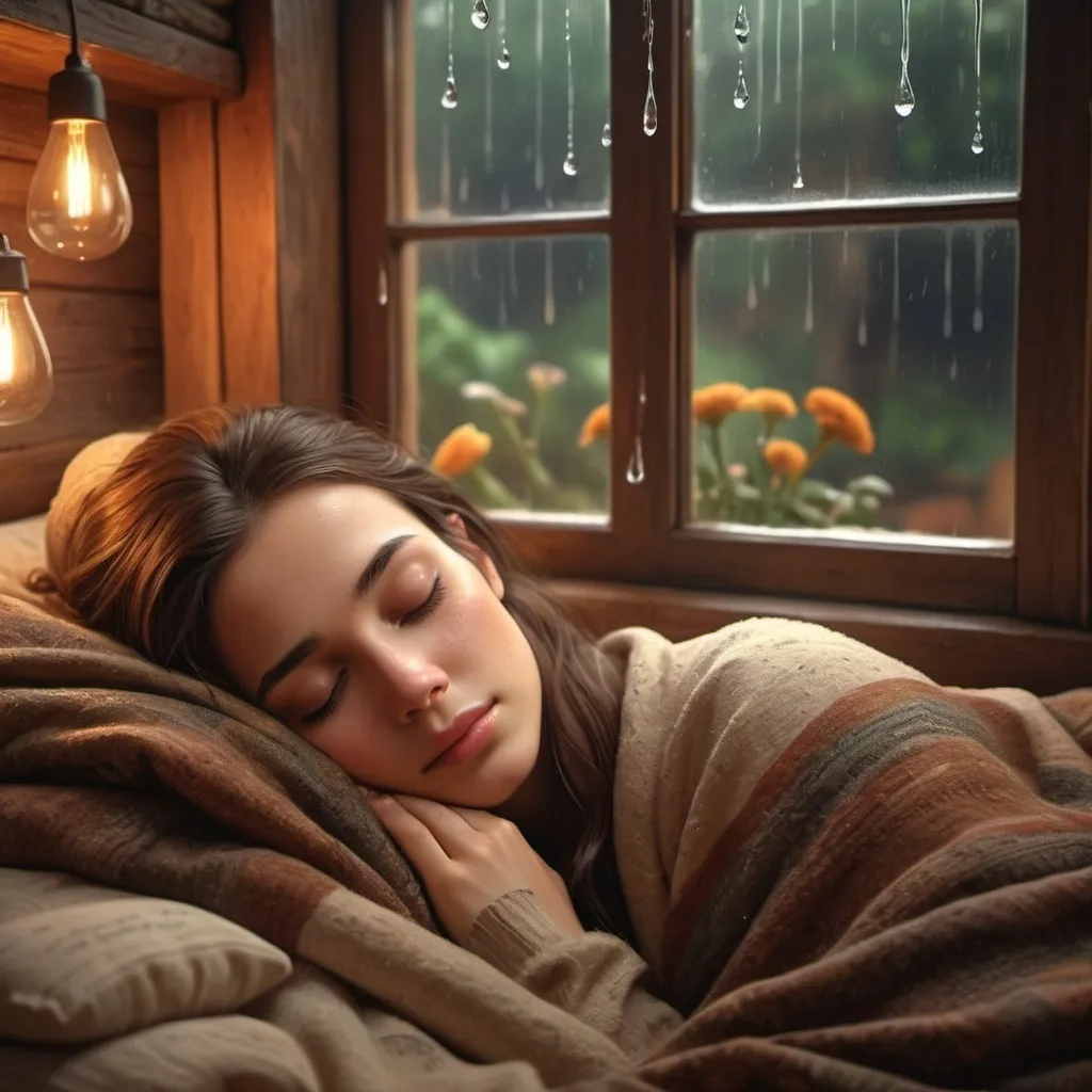 Prompt: Beautiful girl sleeping on bed with firewood and rainy whether from window