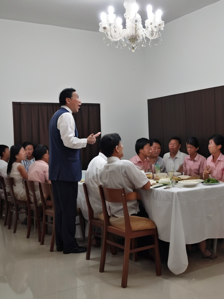 Prompt: The man in the picture is giving a speech before the meal.
The speech lasts for about 10 minutes