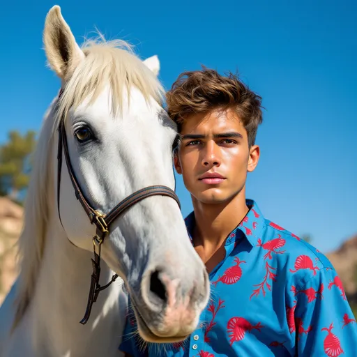 Prompt: Standing against a clear blue sky, a young man poses closely beside a majestic white horse, creating a striking contrast with the vibrant colors of his blue patterned shirt adorned with red and turquoise motifs. His expression is serious yet calm, reflecting a quiet confidence as he gazes directly into the camera. The horse, with detailed features including a long mane and large, expressive eyes, seems gentle, its head slightly turned as if aware of the camera's presence. The background reveals a natural setting with trees and hints of rocky terrain, suggesting it's a warm, sunny day, perfect for outdoor activities. The overall mood conveys a sense of companionship between the boy and the horse, highlighting a bond often found in rural or equestrian cultures.