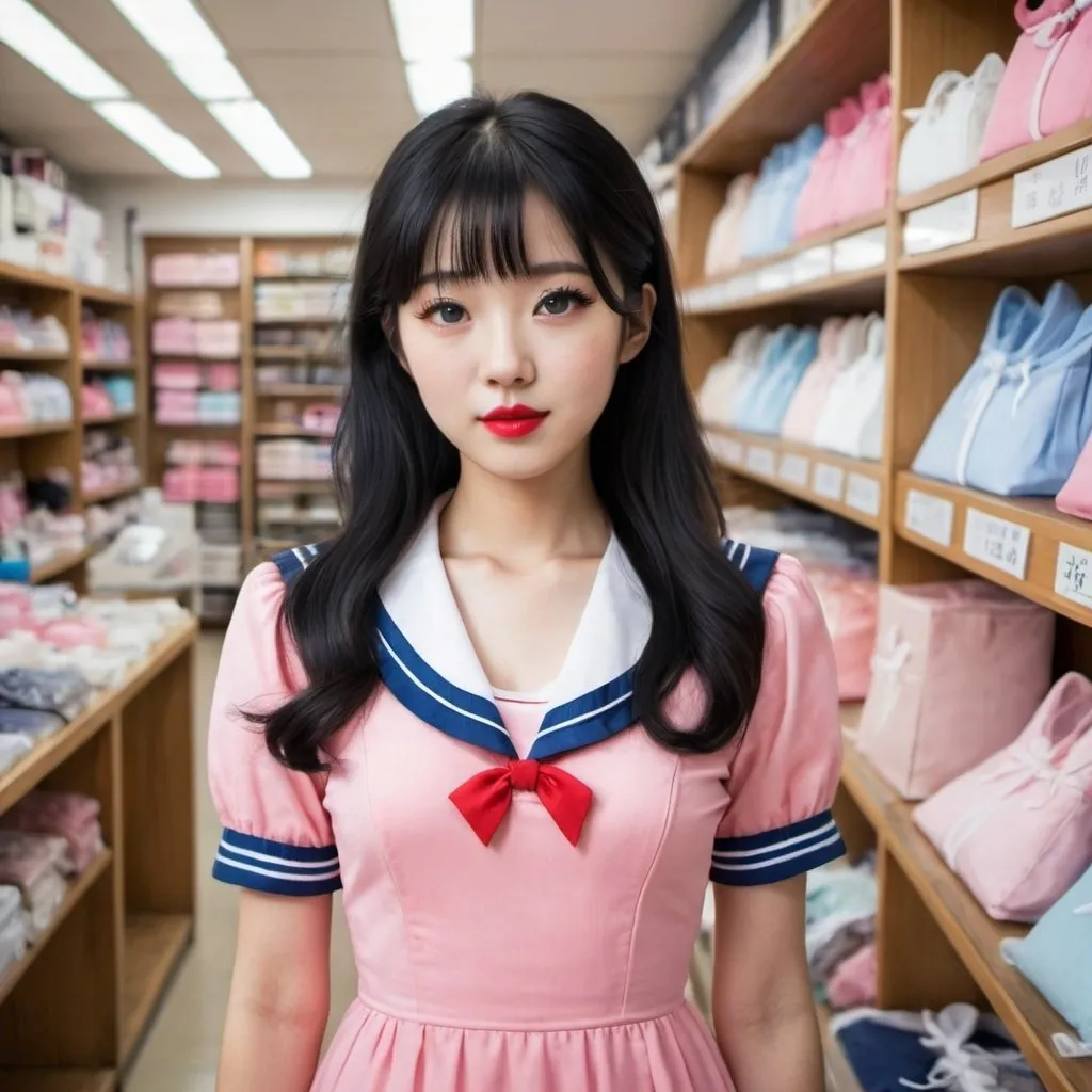 Prompt: I'm Vy, I'm a beautiful Korean girl, I'm a sailor dress shop owner, I'm standing in the middle of the shop, I'm wearing a pink sailor dress, shoulder-length black hair, blue eyes, red lips, white skin