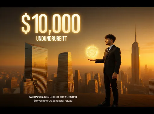 Prompt: @jjBClqwlZ1ZKiggd9Pbm speaks about the real estate company. That company gives 10,000 $ for buyers as a reward. A cinematic real estate storyboard frame showing a futuristic luxury city rising at golden hour, skyscrapers glowing with success and opportunity. A confident buyer stands in the foreground holding a radiant $10,000 reward, light forming the number “10,000” in the sky. Buildings transform into symbols of trust, growth, and wealth. Cinematic camera angle, dramatic lighting, luxury lifestyle mood, ultra-realistic, high-end real estate commercial energy, Unreal Engine 5, photorealistic, 8K, award-winning ad concept.