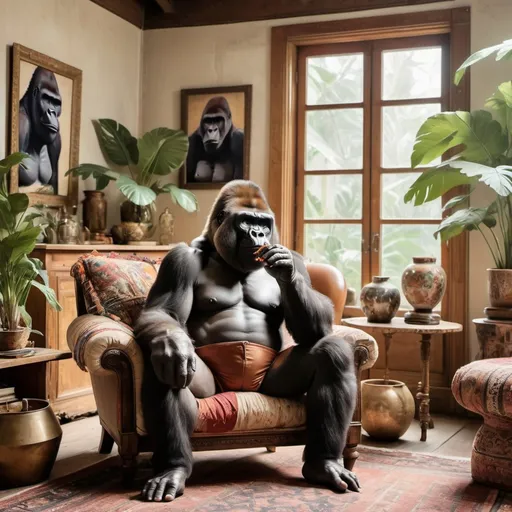 Prompt: light and airy aesthetic gorilla smoking a cigar in a bohemian living room