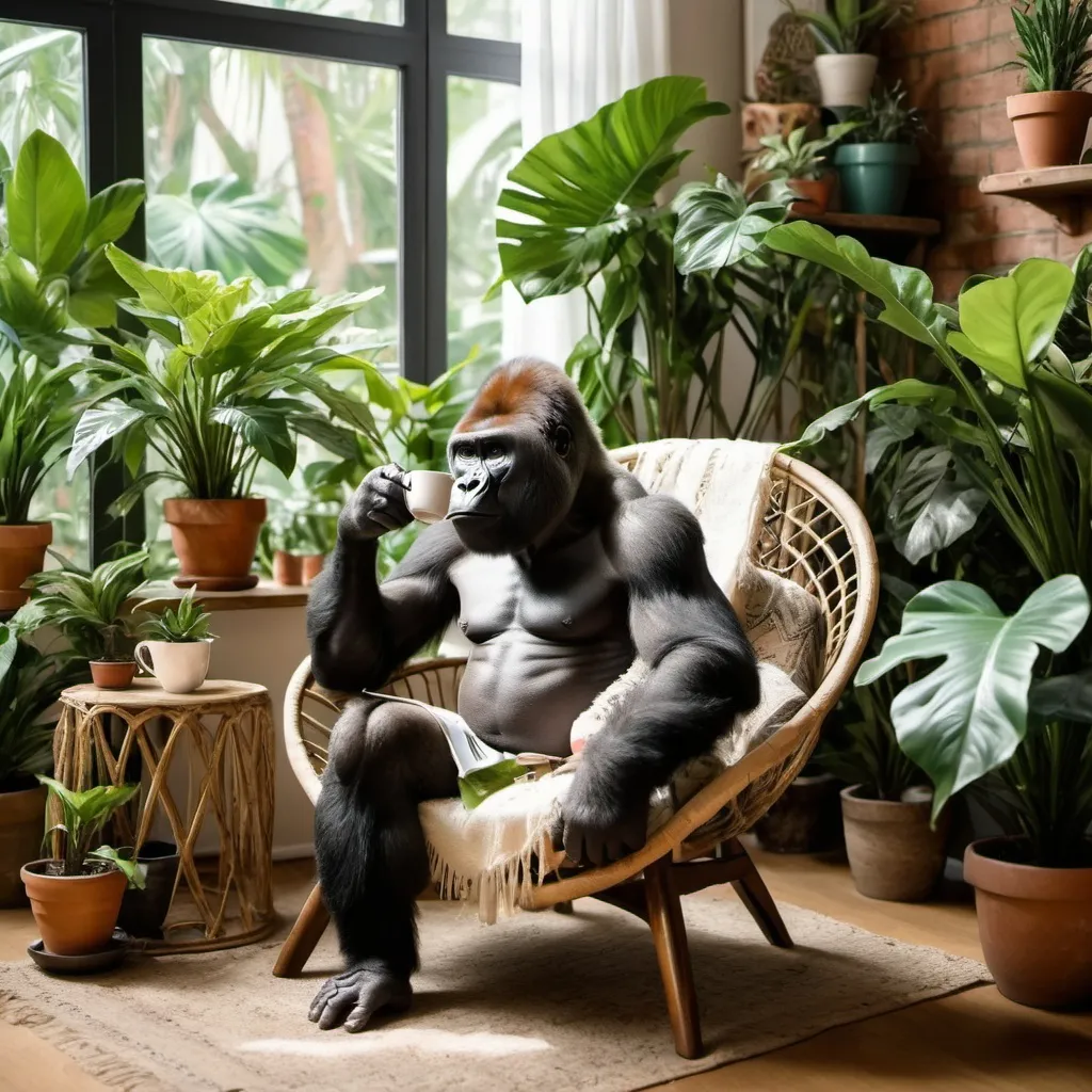 Prompt: Gorilla drinking coffee in a bohemian chair with house plants around