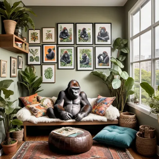 Prompt: Design a cozy reading nook adorned with plush cushions and bohemian textiles, featuring a gallery wall of framed botanical prints and vintage photographs of gorillas, surrounded by floor-to-ceiling windows overlooking an urban jungle landscape