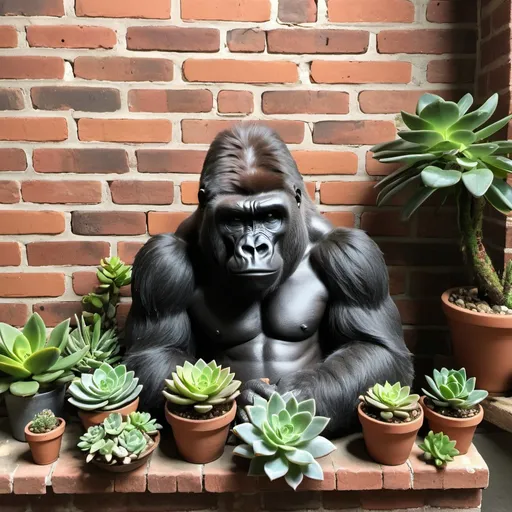 Prompt: gorilla finding inner jungle spirit meets with love for exposed brick and succulents