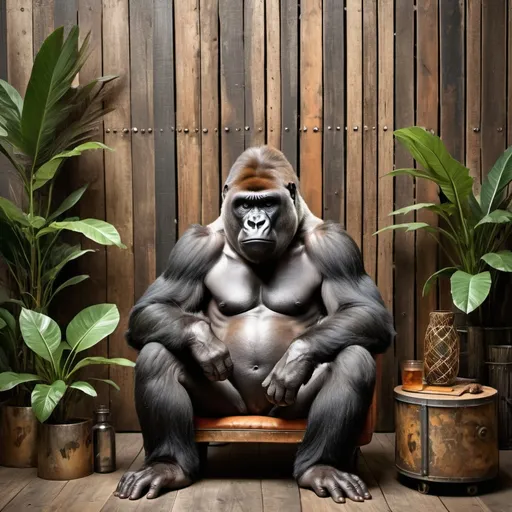 Prompt: gorillas and other jungle animals in bohemian attire, set against a backdrop of distressed wood panels and industrial metal accents for a playful yet sophisticated vibe.
