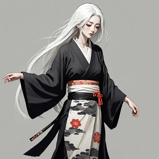 Prompt: illustration,comic style,skinny thin sick poor woman,black ragged kimono,white long hair,full‐length