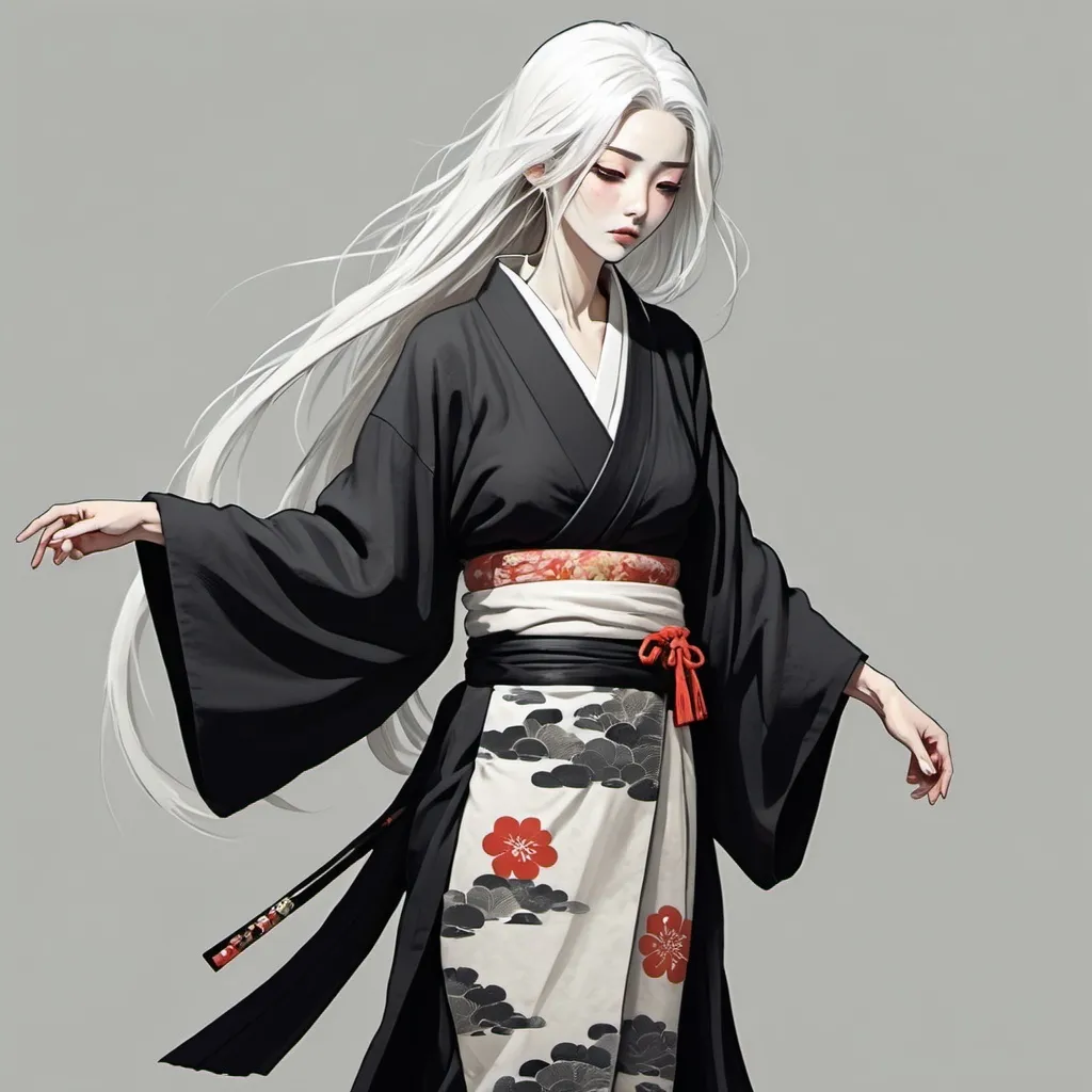 Prompt: illustration,comic style,skinny thin sick poor woman,black ragged kimono,white long hair,full‐length