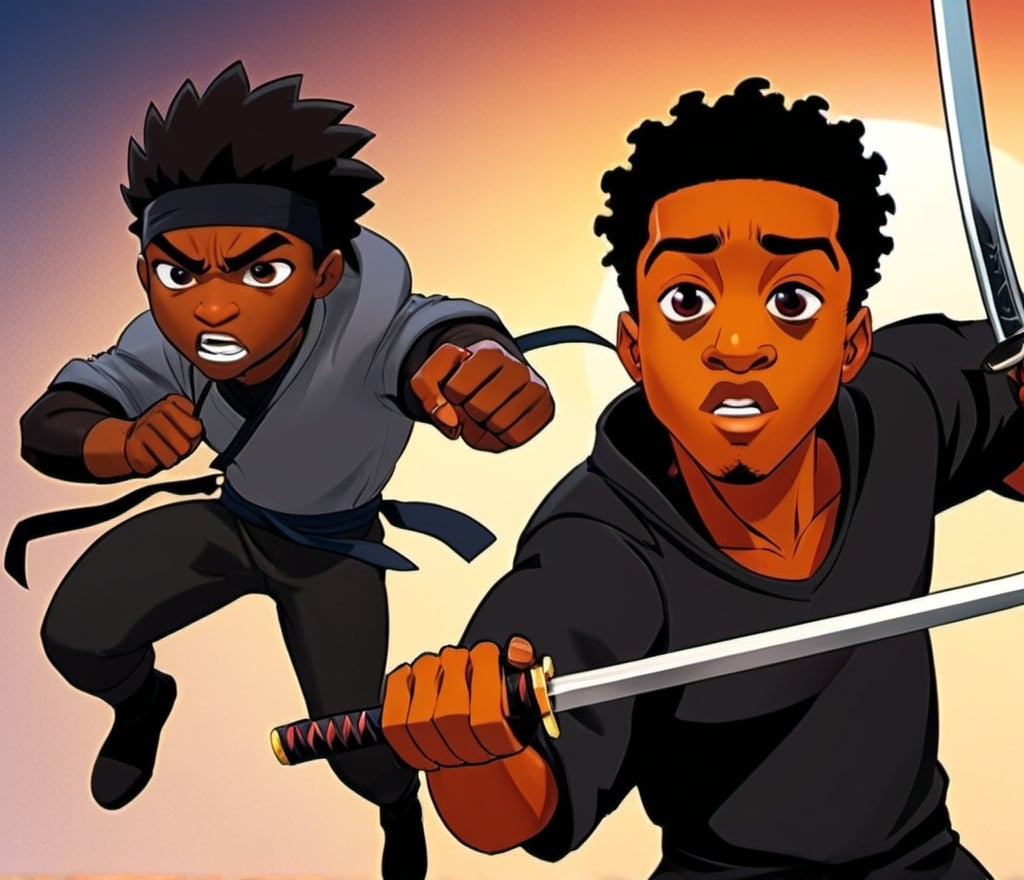 An animated image of an angry black American ninja w...