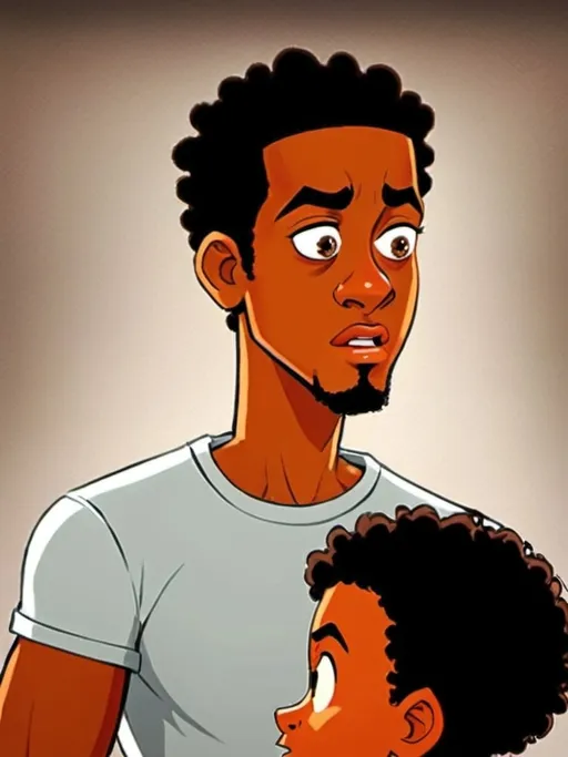 Prompt: An animated image of an angry black American man who is staring at the face of a black American boy. The boy’s face should look nervous.It should be anime style and 16:9.50k resolution.