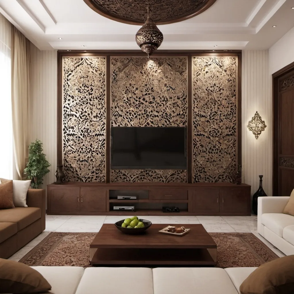 Prompt: i want an interior render with iranian design
with canabe and tv wall.
it must be minimal