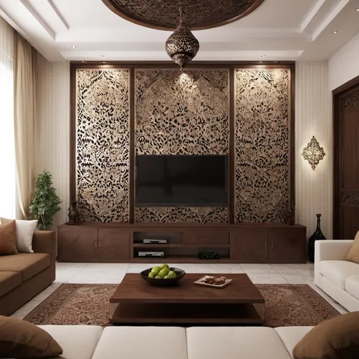 Prompt: i want an interior render with iranian design
with canabe and tv wall.
it must be minimal