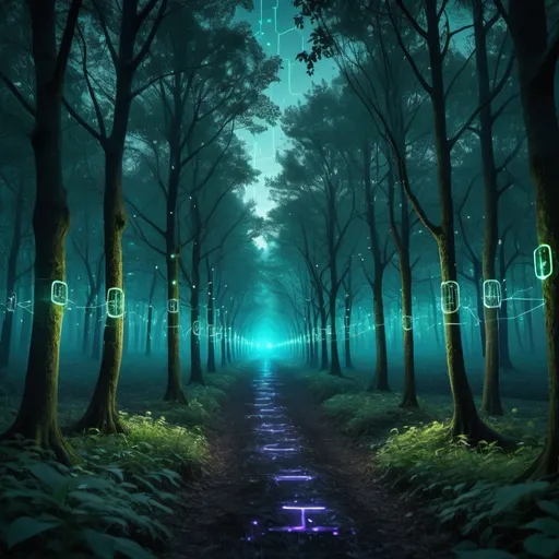 Prompt: A serene forest at dusk where trees and foliage merge with technological elements. Trees have subtle circuit board patterns, and rivers flow with binary code. Glowing lock icons are scattered among the trees, with a keyhole spotlight effect in the center, creating a clear space for text. Small, glowing nodes on branches connect with thin, luminous lines representing a secure network. A misty glow envelops the forest with neon fireflies, creating a magical and secure atmosphere. The background transitions from a dark night sky to a lighter ground level, accented with neon blues, greens, and purples for a tech-inspired look.

